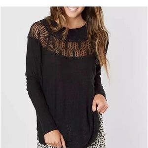 Free People Spring Valley Waffle Knit Long Sleeve Lace Trim Oversized Top Sz XS
